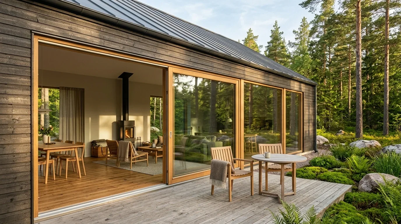 Modern skandinavisk trävilla med View panorama lyftglidpartier i ek och nolltröskel mot trädäck